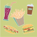 Fast food. French fries, soda, hot dog, hamburger and coffee. Royalty Free Stock Photo