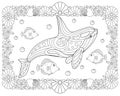 Inhabitants of the ocean - horizontal vector coloring antistress with a frame of shells and starfish. Killer whale and small fish