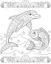 Page for sea book - coloring books with dolphin, fish, waves and bulbs - stock illustration. Vector linear coloring book about the