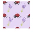 Seamless pattern with insects ladybugs and lavender flowers Royalty Free Stock Photo