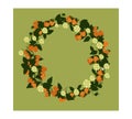 Pattern with berries and raspberry flowers. A wreath with yellow raspberries, leaves, branches and white flowers.