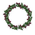 Pattern with berries and raspberry flowers. A wreath with red raspberries, leaves, branches and white flowers. Royalty Free Stock Photo