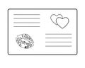 Love letter Valentine. Envelope with a love message decorated with two hearts and a lipstick print - vector linear picture for col