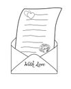 Open Love Letter - Valentine. An open envelope with a love message decorated with two hearts and a lipstick print - vector linear