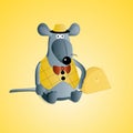 Vector cartoon funny gray rat in a suit with cheese. Funny mouse hipster. Royalty Free Stock Photo
