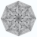 Octagon shaped mandala with leaves and folk-style flowers drawn on a white background to be colored, vector, for coloring, isolate