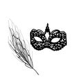 Black lace carnival mask with feather. Mysterious woman, hidden look. Accessories for women, logo, brand. Vector illustration, dec