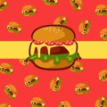 Big hamburger with sausage on the background of mini burgers pattern