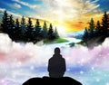 Man silhouette dreaming to a new world, clean environment, nature landscape Royalty Free Stock Photo