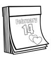Valentine`s Day. Tear-off calendar with the date of February 14 and two hearts on the page - a vector linear picture for coloring. Royalty Free Stock Photo