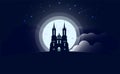 Cathedral, gothic catholic christian church or temple, at night against the background of the starry sky and the full moon. Vector Royalty Free Stock Photo