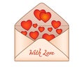 Love letter - Hearts fly out of an open envelope - vector full color picture. An envelope of aged aged paper with the inscription Royalty Free Stock Photo