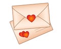 Two envelopes with valentines - vector full color picture. Two envelopes from yellowish aged paper with red hearts - love letters.