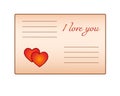 Envelope with a love note. An envelope from kraft paper with two hearts and the inscription `I love you` - a vector full-color pic Royalty Free Stock Photo