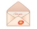 Open envelope with valentine card - vector full color picture. Envelope with the letter and lettering `I love you` and the imprint