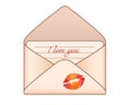 Open envelope with valentine card - vector full color picture. Envelope with the letter and lettering `I love you` and the imprint Royalty Free Stock Photo