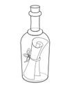 Letter in a bottle - vector linear picture for coloring. Bottle mail - a closed bottle with a scroll tied with a ribbon inside it.
