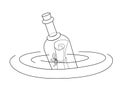 A letter in a bottle floating in water - vector linear picture for coloring. Bottle mail - a closed bottle with a scroll tied with