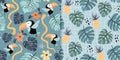Tropical seamless patterns set with exotic birds and fruits, toucan, pineapple