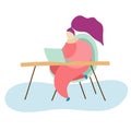 Illustration of a girl sitting at a table and working at a laptop, spending time at home concept, freelance