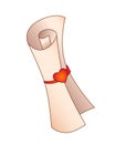 Scroll of aged yellowish paper tied with a ribbon with a seal in the form of a heart - vector full color picture. Love message fol