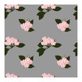 Seamless pattern of pink flowers and buds in bouquets with leaves