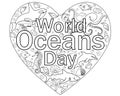 World Oceans Day - June 8 - vector linear picture for coloring. Outline. Heart with marine inhabitants and an inscription inside - Royalty Free Stock Photo