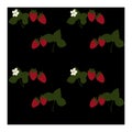 Seamless pattern with red strawberries, white flowers and green leaves on a black background