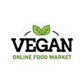 Vector illustration of Vegan online food market logotype. Store logo design template with hand drawn lettering typography and leav