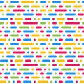 Bright horizontal stripe seamless pattern. Colorful dashed stripes vector background. Abstract 80s retro design.