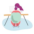 Illustration of a girl sitting at a table and working at a computer, spending time at home concept, freelance, work at home