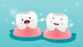 Cartoon tooth happy with braces together on a blue background Orthodontic