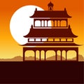 China Temple Silhouette with Sunset in Background Vector Illustration, Editable Artwork