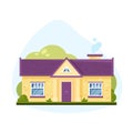 Vector flat illustration of colorful residential house with brick walls and violet roof tiles.