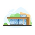 Vector flat illustration of modern house exterior front view with roof, trees, window isolated on white background. Royalty Free Stock Photo