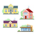 Vector flat illustration of houses exterior front view with roof, trees isolated on white background. Royalty Free Stock Photo