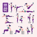 Home workout set. Set of sport exercises. Exercises with free weight.Illustration of an active lifestyle. Woman doing fitness and