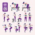 Home workout set. Set of sport exercises. Exercises with free weight.Illustration of an active lifestyle. Woman doing fitness and