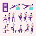 Home workout set. Set of sport exercises. Exercises with free weight.Illustration of an active lifestyle. Woman doing fitness and