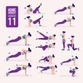 Home workout set. Set of sport exercises. Exercises with free weight.Illustration of an active lifestyle. Woman doing fitness and