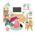 Illustration of a girl stroking a black cat, room is furnished with comfortable furniture and plants