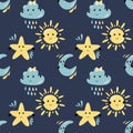 Seamless pattern of cute sky nature characters with smiling face sun, cloud, moon and star on blue background Royalty Free Stock Photo