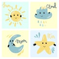 Set of cute sky nature characters  with smiling face sun, cloud, moon and star, nursery art Royalty Free Stock Photo