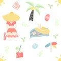 Seamless pattern of summer elements palm, hat, shells, summer girl, floral elements, cocktails