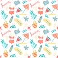 Seamless pattern of various summer elements hat, beach bag, palm leaves, sea starfish, photocamera, watermelon