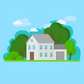 Simple gray flat gray house with green trees and blue sky. Royalty Free Stock Photo