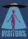 Alien visitor come to city, UFO, alien and cityscape. Vector image Royalty Free Stock Photo