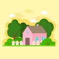 Simple  flat pink house with green trees on yellow background Royalty Free Stock Photo