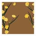 Seamless pattern with daffodil yellow flowers on a brown background.