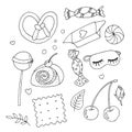 Set of sweets in doodle style. Cupcake, cake, sweets, cherries, lollipops, sleep mask, bud.